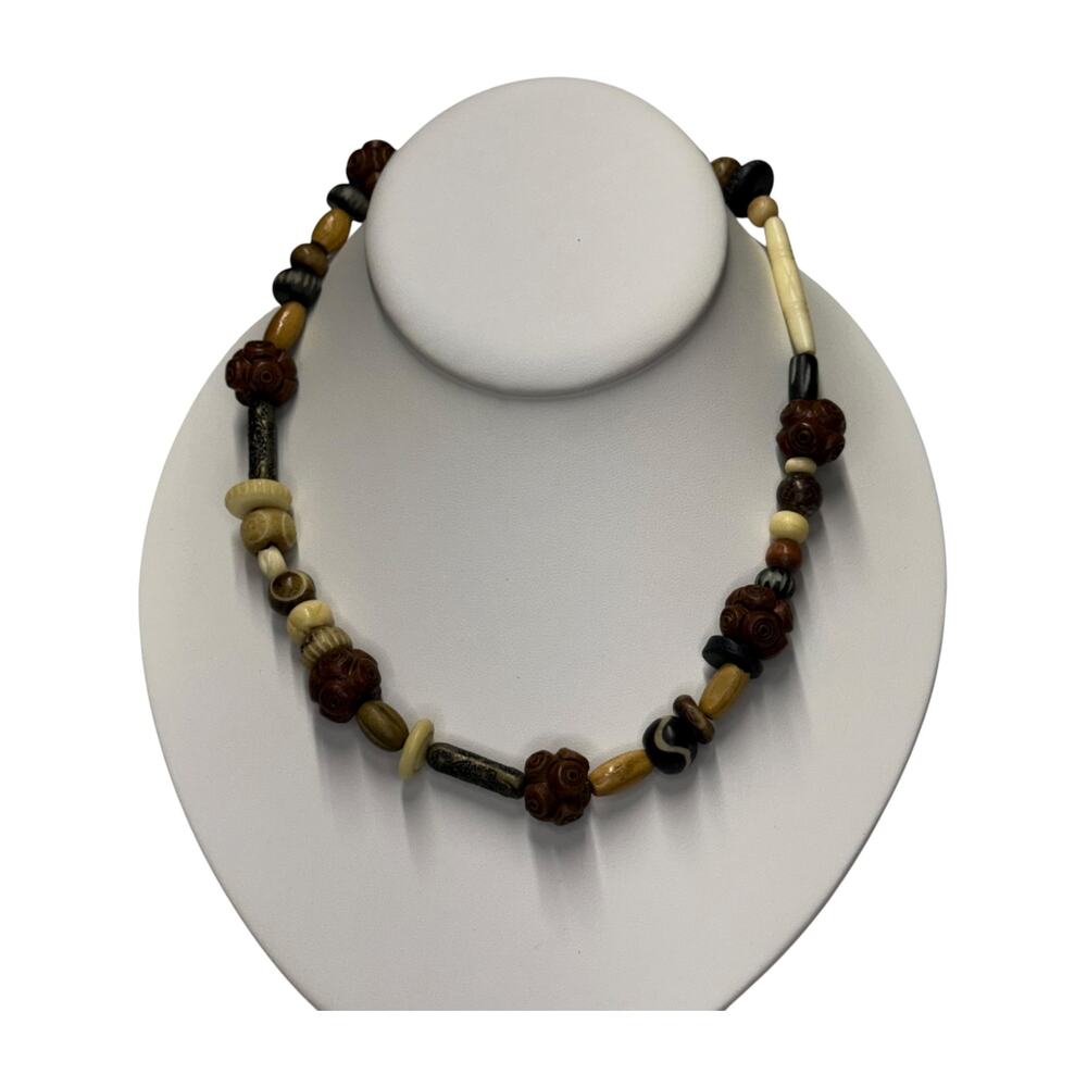 Vintage Mixed Bead Necklace Carved Wood Bone Ethnic Boho Tribal